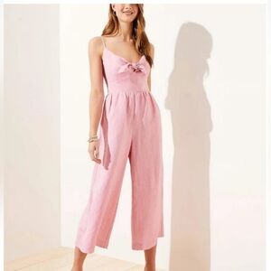 LOFT Linen Blend Tie Front Pink Jumpsuit size 12.